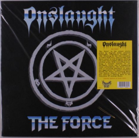 "Onslaught" oben, "The Force" unten. Illustration: Ein Pentagramm in einem Kreis auf schwarzem Hintergrund. Gelber Textkasten.