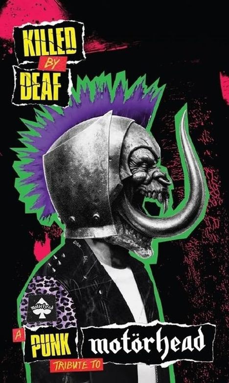 "Killed by DEAF. A Punk Tribute to Motörhead." Illustration: Figur mit Elefantenhelm und bunter Punk-Frisur.