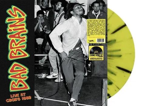 "Bad Brains Live at CBGB's 1982" in bunten Buchstaben. Schwarz-weißes Konzertfoto, gelb-schwarz gesprenkelte Schallplatte.