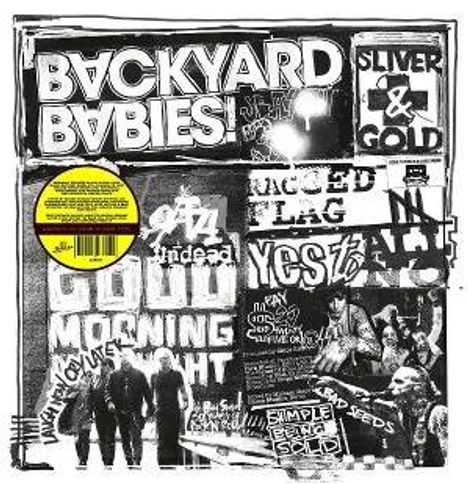 Verschiedene Schriftzüge: "BACKYARD BABIES", "SLIVER & GOLD", "GOOD MORNING", schwarz-weiße Collage aus Schrift und Bildern.