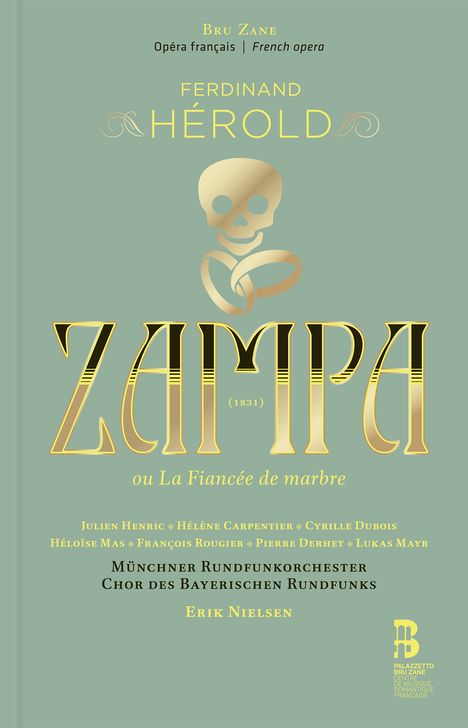 "ZAMPA (1831) ou La Fiancée de marbre" in elegantem Goldschrift auf grünem Hintergrund. Ein Schädel mit Stilisiertem Ornament.