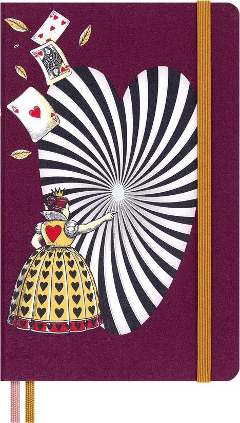 Illustration: Eine Königin mit Herz-Muster zeigt auf ein spiralförmiges Herz. Spielkarten und Blätter fliegen umher.