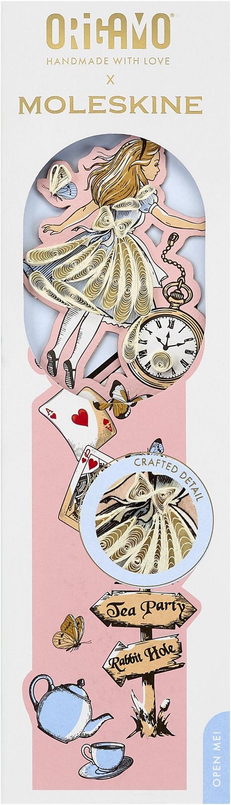 "ORIGAMI HANDMADE WITH LOVE x MOLESKINE. Tea Party, Rabbit Hole. Illustration mit Mädchen und Uhr, Karten und Teekanne."