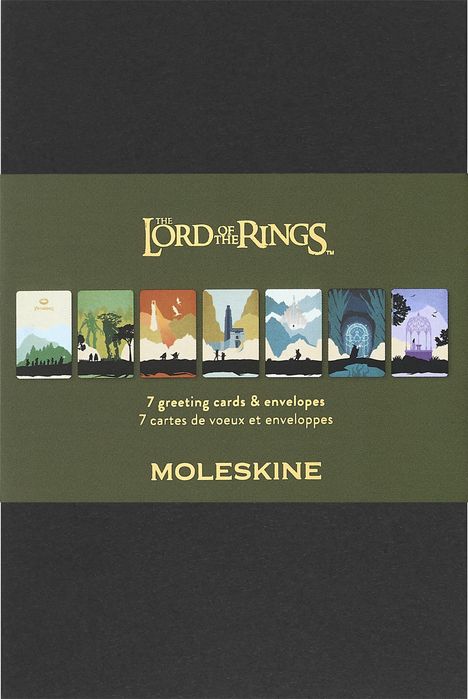 "The Lord of the Rings", darunter "7 greeting cards & envelopes". Postkarten mit Landschaften der Serie. Moleskine Logo.