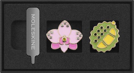 MOLESKINE auf Metallplakette. Zwei Anstecknadeln: rosa Blume mit Strasssteinen und grüne Form mit gelben Details.