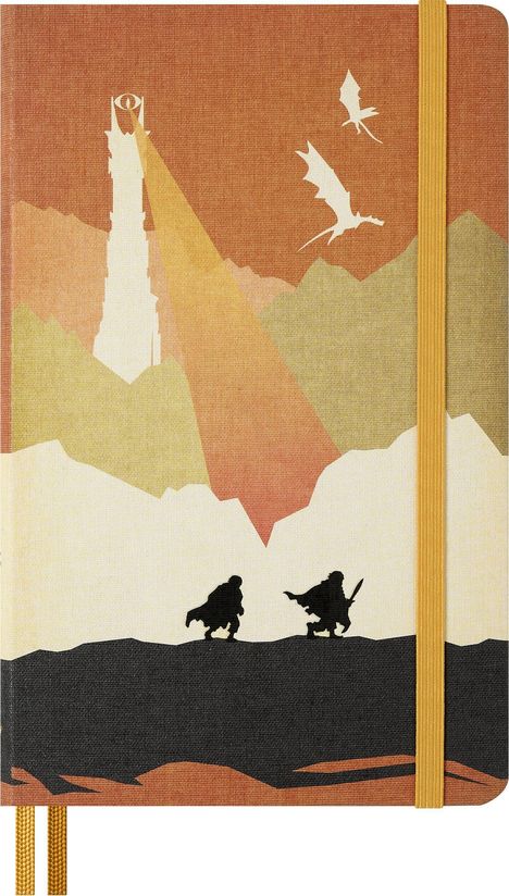 Zwei Drachen fliegen über Berge. Unten sind Silhouetten von zwei Figuren mit Umhängen. Ein Turm mit Auge strahlt Licht aus.