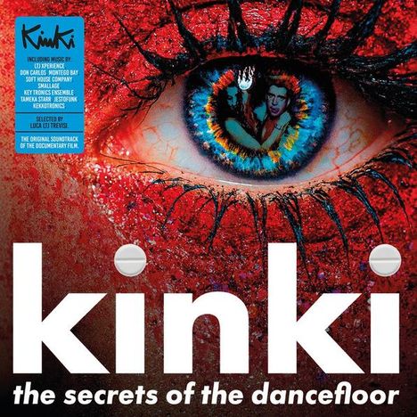 Text: "kinki", "the secrets of the dancefloor". Großes Auge nah, rote umgebende Farbe, irisierende Spiegelung einer Party.