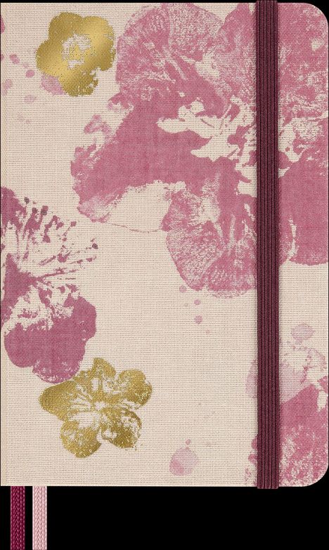 Keine Texte. Ein florales Muster mit rosafarbenen und goldenen Blüten auf hellem Hintergrund sowie ein elastisches Band.