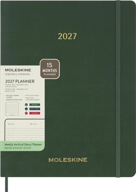 Text: "2027", "MOLESKINE", "15 MONTHS PLANNER", "Weekly Vertical Diary/Planner". Grüner Planer mit elastischem Band.