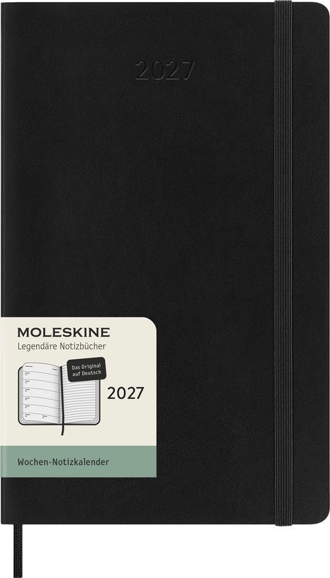 „2027, MOLESKINE Legendäre Notizbücher, Wochen-Notizkalender.“ Schwarzes Notizbuch mit Gummiband.