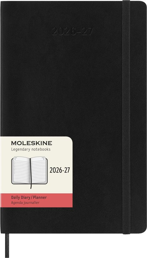 "2026-27" in Prägung, "MOLESKINE Legendary notebooks", täglich Planer. Schwarzes Notizbuch mit elastischem Band links.