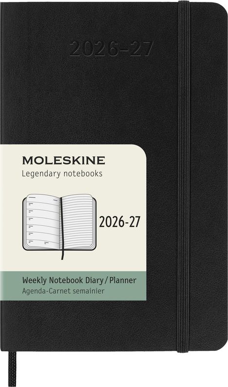 "2026-27 Moleskine Legendary notebooks Weekly Notebook Diary/Planner" mit einem gezeichneten Notizbuch auf schwarzem Einband.