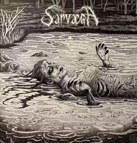 "Sarvega" in stilisierter Schrift. Ein Skelett liegt halb im Wasser, umgeben von Bäumen, in monochromer Illustration.
