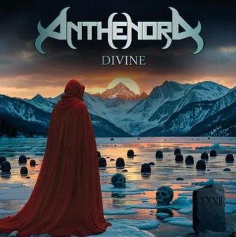 "ANTHENORA DIVINE" steht oben, darunter Berglandschaft, ein roter Umhang und vereiste Köpfe, ein Stein mit "XXXII".