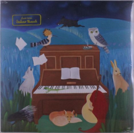 Oben: "Louise Arters Onirisme Musical". Illustration mit Tieren um ein Klavier, Notenblätter fliegen, Nachtstimmung.