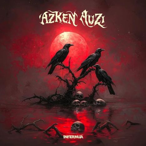 Text: "AZKEN AUZI", "INFERNUA". Illustration: Drei Raben auf Ästen, Totenköpfe, roter Mond, düstere Atmosphäre.