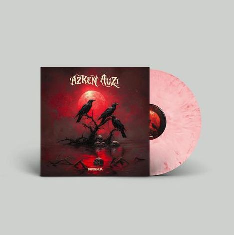 "AZKEN AUZI" oben, "INFERNUA" unten. Drei Raben auf Zweigen vor rotem Mond. Vinyl in rosa Marmordesign.