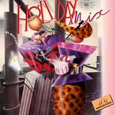 Text: "Holiday" und "40th Anniversary Edition". Farbenfrohe, abstrakte Illustration mit geometrischen Formen und Mustern.