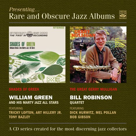 Präsentation: "Rare and Obscure Jazz Albums". Links grünes Album "Shades of Green", rechts Mann mit Saxophon, Titel "The Great Gerry Mulligan".