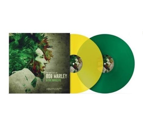 "The Many Faces of Bob Marley & The Wailers" steht auf einem Cover in Grün. Zwei Schallplatten, eine gelb, eine grün, sind daneben.