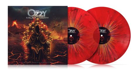"THE MANY FACES OF OZZY & BLACK SABBATH" steht oben. Ein dunkel gekleideter, verhüllter Thron aus Totenköpfen. Links Vulkan, rechts rote Schallplatten.