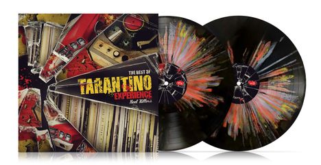 "The Best of Tarantino Experience Reel Killers" auf zerbrochenem Vinyl-Design mit Bildern von Gitarren und Autoteilen.