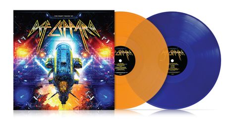 „The many faces of Def Leppard“ steht über einem Raumschiff vor buntem, futuristischem Hintergrund; gelbe und blaue Schallplatten.