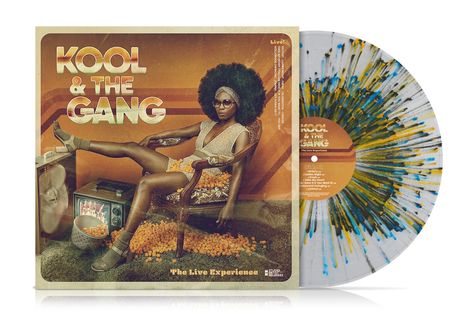 „KOOL & THE GANG“, „The Live Experience“, Sitzende Frau, Vinyl mit buntem Muster, Retro-Stil.