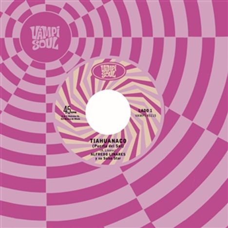 "Tiahuanaco" und "Vampi Soul" auf einer Schallplattenhülle mit lila und rosa Streifenmuster.