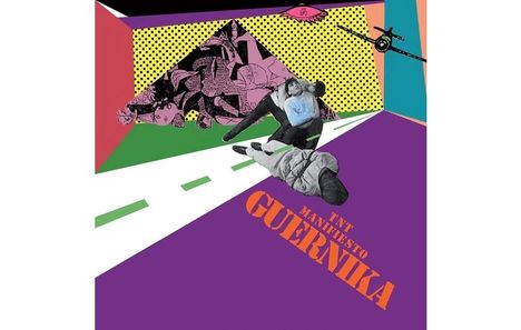 Text: "TXT MANIFESTO GUERNIKA". 
Eine bunte Collage mit geometrischen Formen, einem Flugzeug und Figuren auf einer Straße.