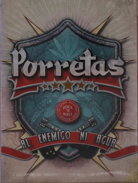 Porretas, Al enemigo ni agua, Rock 'N Roll. Ein Wappen mit Gitarren, Sternen und einem roten Band.