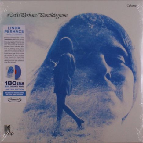 "Linda Perhacs Parallelograms" und "Stereo" oben. Links Text über 180-Gramm blaues Vinyl, limitierte Edition. Blaues Foto: Frau im Feld.