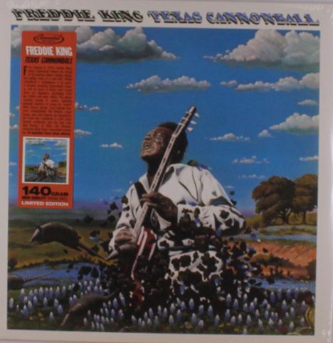 „Freddie King Texas Cannonball“, rote Infos zu „140 Gram Limited Edition“. Illustration mit Gitarrist in Landschaft.