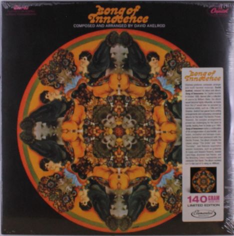 "Song of Innocence" von David Axelrod. Symmetrisches Muster in warmen Farben. Rechteck mit dekorativem Design und Texten.