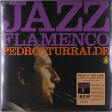 Große lila Schrift: "JAZZ FLAMENCO". Darunter in Orange: "PEDRO ITURRALDE". Profil eines Mannes mit Saxophon.