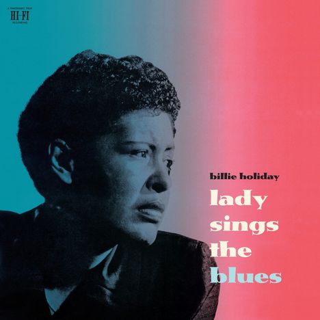 Text: "billie holiday, lady sings the blues." Schwarz-weißes Porträt von Frau, Hintergrund in Blau und Rosa.