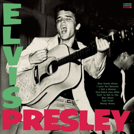 "ELVIS PRESLEY" steht groß in grün und rot. Eine Person singt leidenschaftlich und spielt Gitarre.