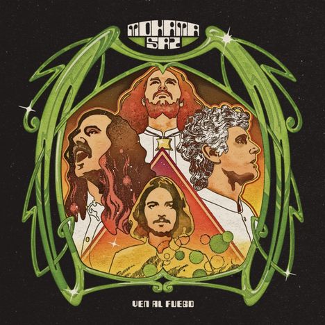 Text: "Mohama Saz", "Ven al Fuego". Illustration von vier stilisierten Personen in einem grünen, kunstvollen Rahmen.