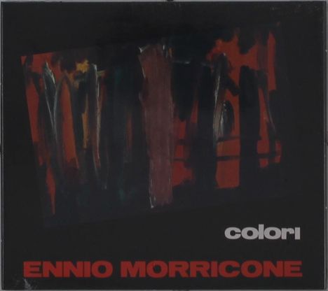 Texte: "colori", "ENNIO MORRICONE". Abstrakte Kunst mit dunklen, roten und schwarzen Formen und Pinselstrichen.