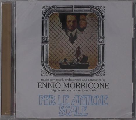 Aufschrift: "ENNIO MORRICONE - PER LE ANTICHE SCALE". Gezeichnete Umrahmung mit Bild eines Mannes hinter einem Zaun.