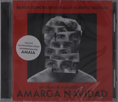 Soundtrack von Alberto Iglesias zu "Amarga Navidad". Collage von Augen auf rotem Hintergrund.