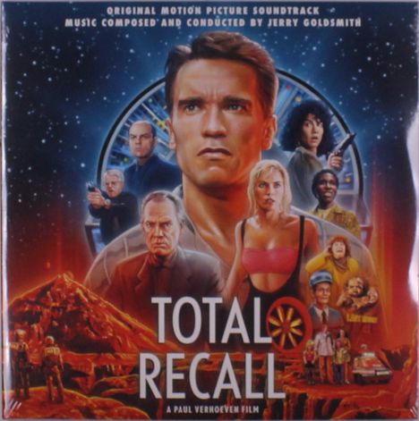 In der Mitte steht „TOTAL RECALL“ in großen Buchstaben. Oben Text über Soundtrack und Komponist. Personen vor futuristischem Hintergrund.