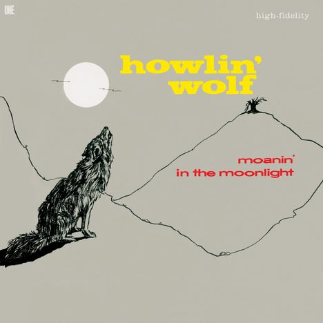 Text: "howlin' wolf", "moanin' in the moonlight". Illustration: Wolf heult den Mond an. Schlichtes Design.