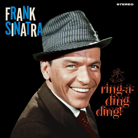 "FRANK SINATRA", "ring-a-ding ding!". Ein lächelnder Mann mit Hut, schwarzer Hintergrund.