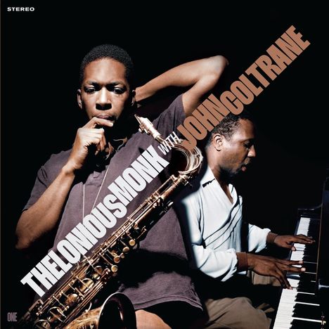 "THELONIOUS MONK WITH JOHN COLTRANE" in großen Buchstaben. Links Saxophonspieler, rechts Pianist, beide vertieft.