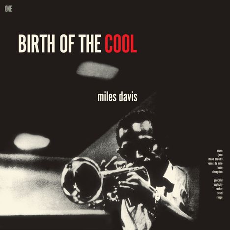 Texte: "BIRTH OF THE COOL" und "miles davis". Schwarz-weiße Grafik eines Trompeters in einem dunklen Raum.