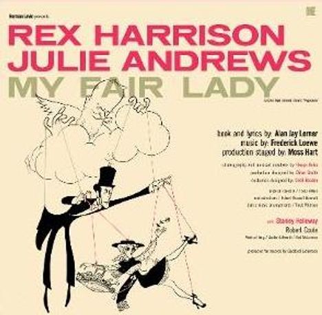 Text: "Rex Harrison, Julie Andrews, My Fair Lady." Eine Illustration zeigt eine Person, die eine andere wie eine Marionette führt.