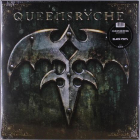 Text: "QUEENSRŸCHE", "BLACK VINYL". Ein metallisches Symbol vor dunklem, verwittertem Hintergrund.
