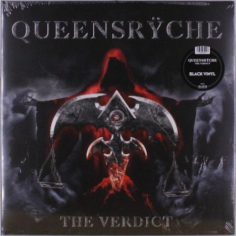 „QUEENSRŸCHE“ oben, „THE VERDICT“ unten. Eine Kapuzengestalt mit ausgebreiteten Armen vor dunklem Hintergrund.