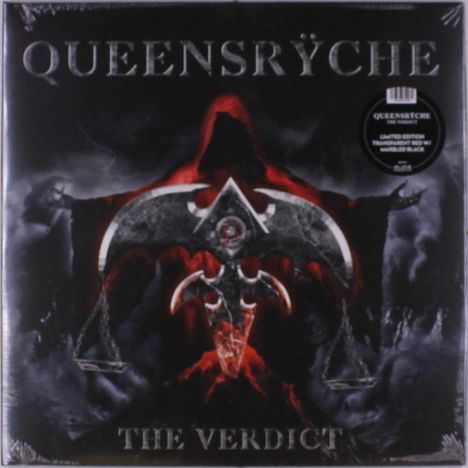 "QUEENSRŸCHE" und "THE VERDICT". Dunkle, mystische Illustration mit Kapuzengestalt und Waagschalen.